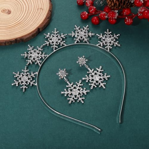 Christmas Snowflake Headband Rhinestone Snowflake Bow Crown Tiara Hairband Headpiece Hair Clip Xmas Party Accessories Gifts (snowflake hairband earrings)