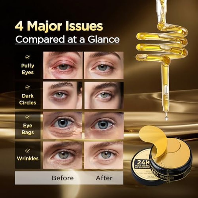 24k Gold Under Eye Patches - Firming, Glowing & Hydrating Hydrogel Mask for Puffy Eyes, Dark Circles, Wrinkles, Eye Bags Treatment, Gifts for Women and Men, 60Pcs Black