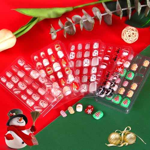 SIUSIO 120Pcs 5 Pack Press on Nails kids Children Acrylic Fake Nails Cute Pre-glue Full Cover Gradient Color Rainbow Short Stick On False Nail Art Kits Set for Kids Little Girls - Christmas Elves