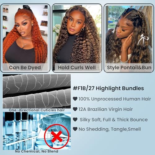 ALHER #1B/27 Highlight Black and Honey Blonde Water Wave 3 Bundles, Wet and Wavy Curly Balayage Ombre Blonde Bundles, 100% Unprocessed Virgin Remy Human Hair Soft Thick Sew In Double Weft 10 12 14 IN
