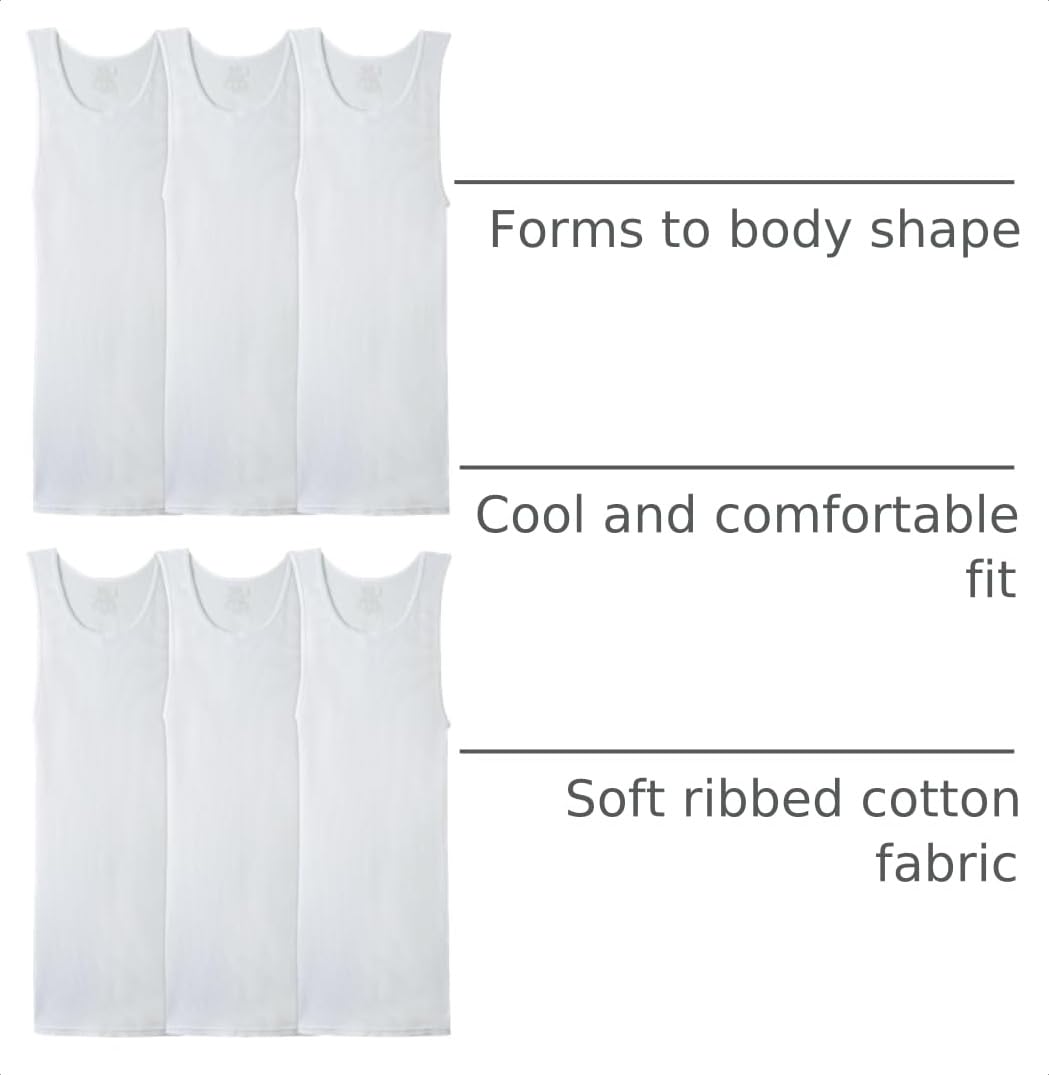 Fruit of the Loom Men's Tag-Free Tank A-Shirt, 6 Pack-White, Large