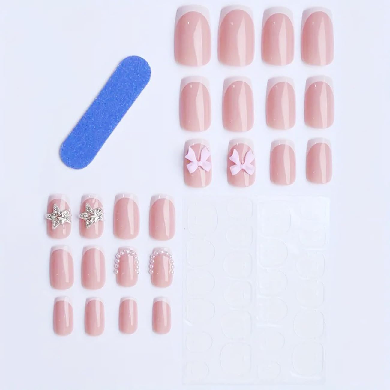 24pcs French Tip Press-On Nails - Short, Charms, Bow, Flower Design, Pink, Cute, Square Shape, Acrylic, Rhinestones