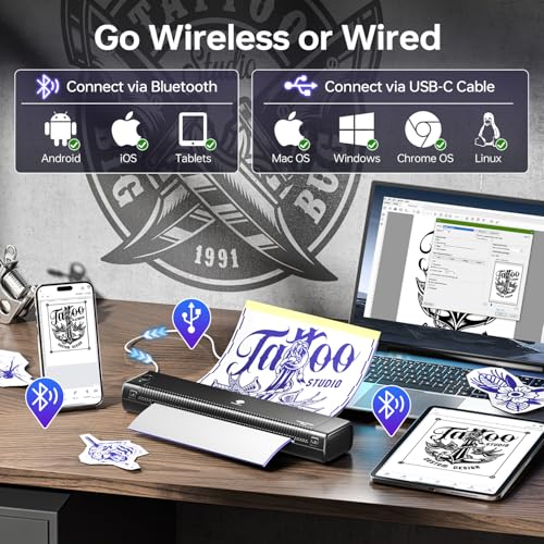 Phomemo Tattoo Stencil Printer Upgraded, TP81 Bluetooth Tattoo Printer with 10pcs Transfer Paper, Compatible with Phone/Tablet/PC, Tattoo Supplies for Tattoo Artists & Beginners,Black