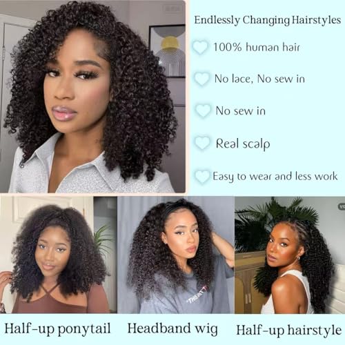Kinky Curly Half Wig Human Hair Drawstring Seamless Flip Over Half Curly Wig Human Hair Invisible Hairline Glueless Wear and Go Wigs For Black Women Beginner Friendly 20Inch 200% Density