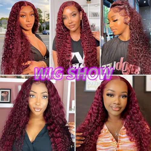 Burgundy Deep Wave Lace Front Wigs Pre-Plucked 13x4 180% Density Red Curly Wig Human Hair Wigs for Black Women - Red HD Lace Colored Frontal Wigs - 20 Inch