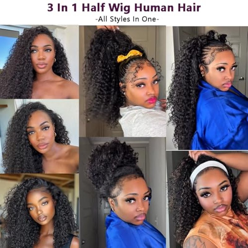 16 Inch Curly Half Wig Human Hair 220% Density Water Wave Half Wig 3 In 1 Seamless Flip Over with Drawstring Invisible Hairline Beginner Friendly Wear and Go Glueless Wigs Headband Wig for Women