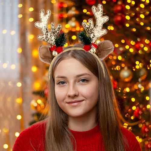 Christmas Reindeer Antlers Headband, Gold Deer Antlers Hair Hoop with Jingle Bells Glitter Antler Ears Headband Xmas Costume for Women Girls