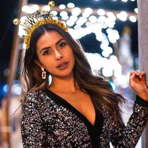 FAERLIIRY Happy New Year Headband 2024 Disco Ball Glitter Headpiece Holiday Hair Accessories New Year's Eve Party Gifts (Gold, L)