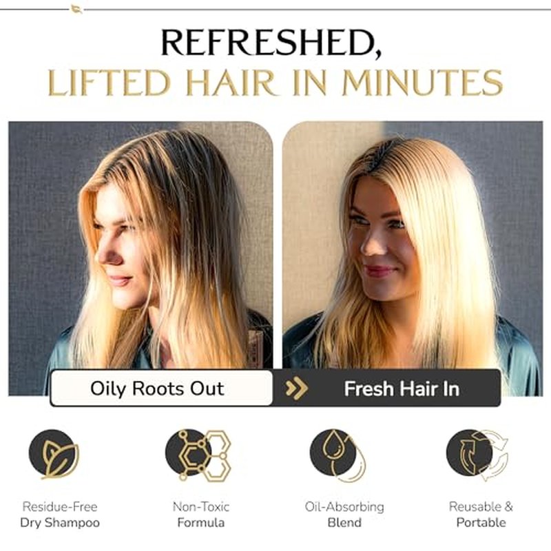 DARCASE Premium Dry Shampoo Brush - Non Aerosol Dry Shampoo for Women - Refillable Travel Size Powdered Shampoo Brush - Travel Essentials for Women - Pre-Filled 30ml Unscented Talc Free Hair Powder