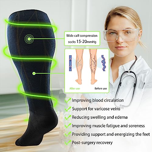 LEVSOX Plus Size Compression Socks for Women&Men Wide Calf 15-20 mmHg Knee High Extra Large Calf Support Socks for Nurse, Medical, Travel, Black
