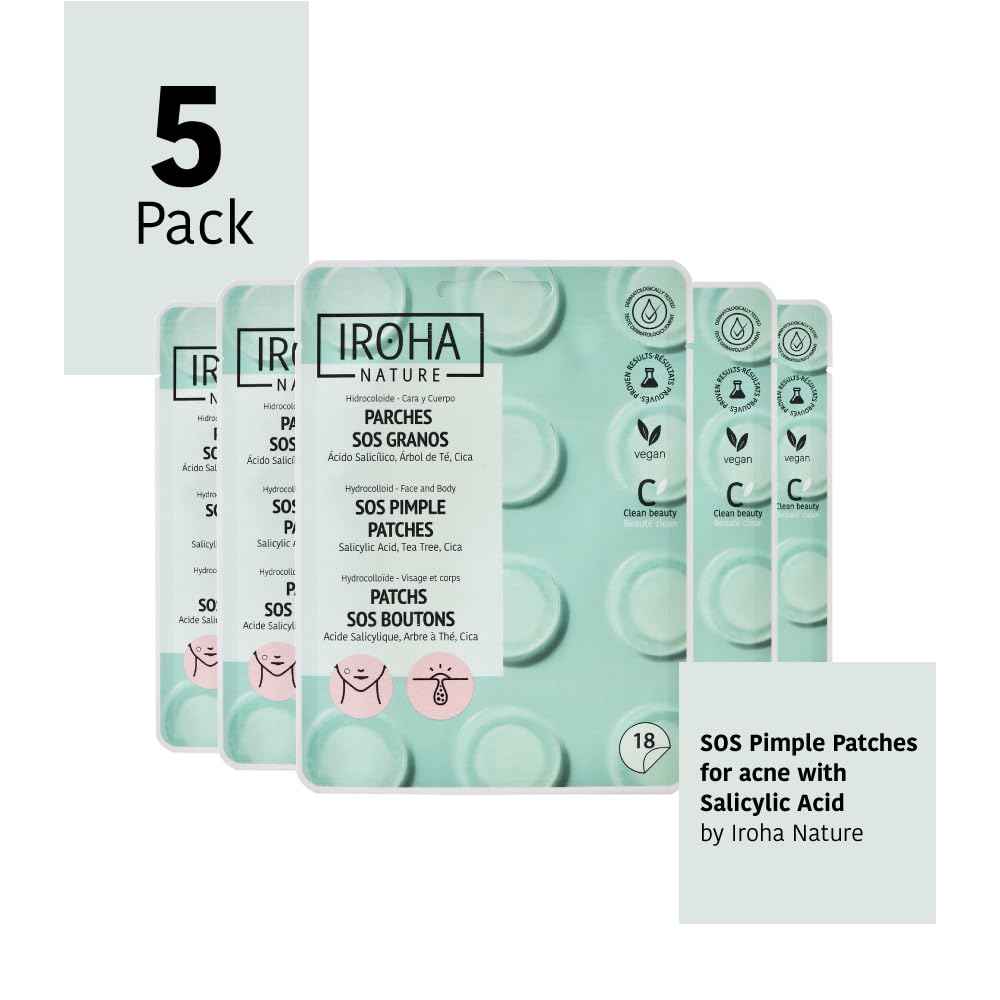 IROHA NATURE Hydrocolloid Pimple Patches with Salicylic Acid (90 Count - Pack of 5), Tea Tree & Centella Asiatica | Reduces Pimples Quickly and Effectively in 8h | Acne Patches