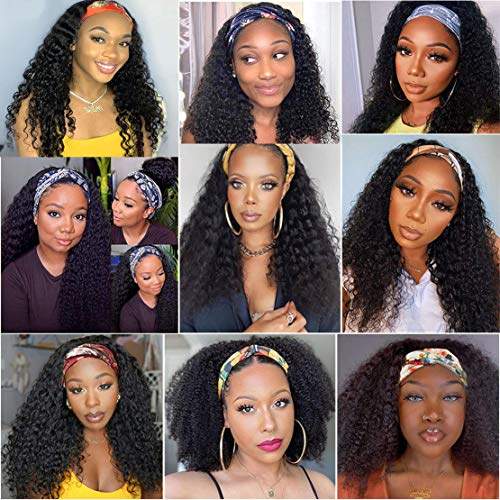 Headband Wig Human Hair Deep Wave 18 inch None Lace Front Wig Human Hair Machine Made Wigs Glueless Curly Hair Headband Half Wigs for Black Women Human Hair Natural Color