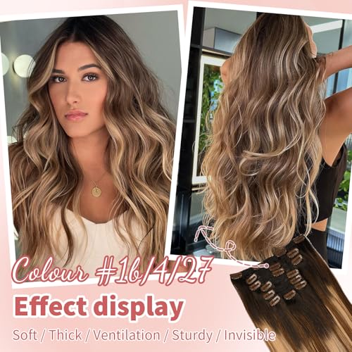 human hair clip in extensions,Soft&Natural clip in hair extensions real human hair 120g 7pcs Straight (24 Inch, 1B/4/27)