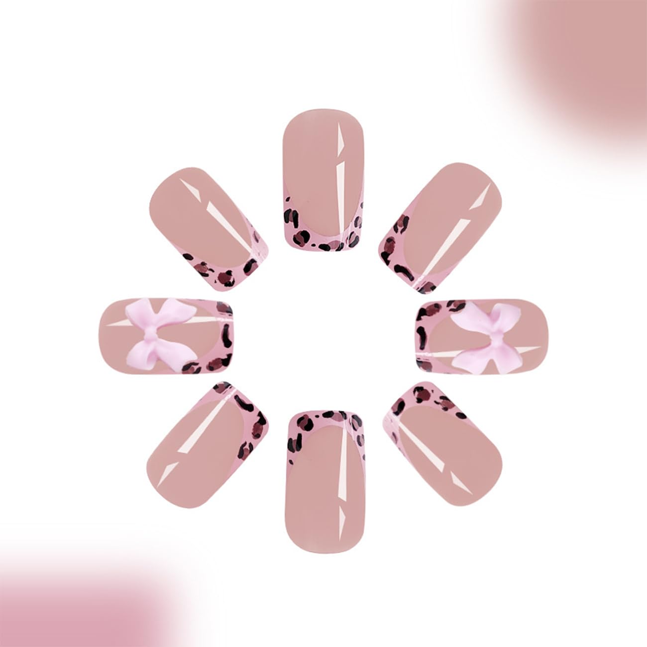 24pcs French Tip Press-On Nails - Short, Charms, Bow, Flower Design, Pink, Cute, Square Shape, Acrylic, Rhinestones