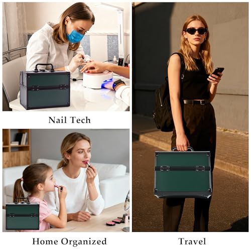 Makeup Train Case, Portable Makeup Case with Mirror, 2-Trays Cosmetic Organizer Case,Nail Polish Organizer, Travel Makeup Box, Profesional for Salon Barber, Green