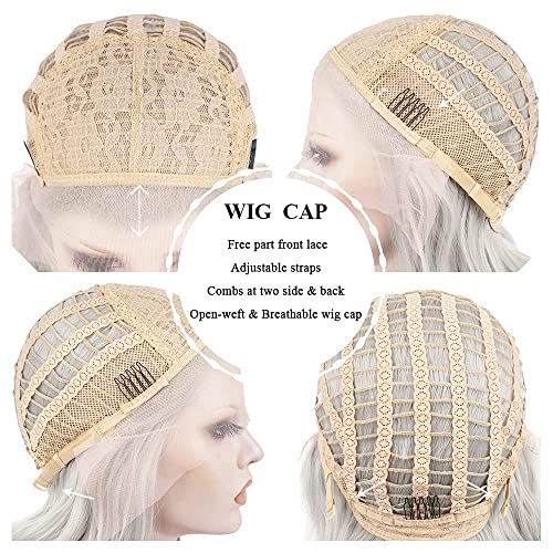 IMSTYLE Silver Grey Lace Front Wigs Short Bob Wavy Gray Wig for Women Drag Queen Cosplay Party (Silver Grey)