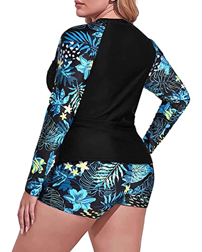 Daci Women Blue Flower Plus Size 2 Piece Long Sleeve Rash Guard Swimsuit Swim Shirts Top UPF 50+ with Boy Short Swimwear 18W