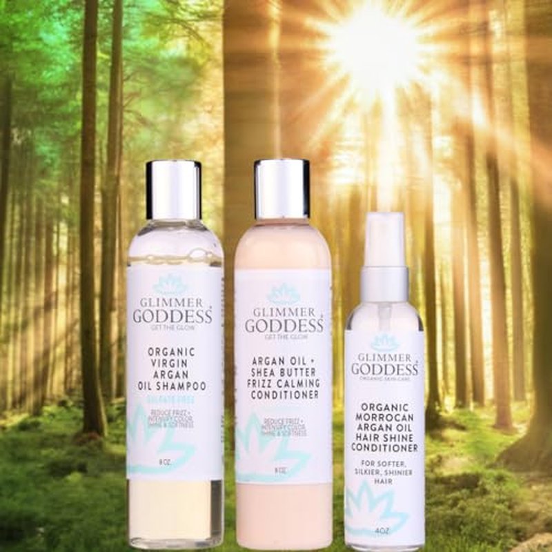 Glimmer Goddess Organic Argan Oil Hair Treatment Trio, Hydrating Shampoo, Deep Conditioner, Hair Shine Spray