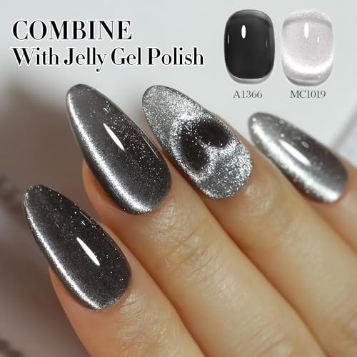 Double Rhythm 0.5 OZ Cat Eye Gel Polish with Magnet 15ML Holographic Glitter Shimmer Translucent Jelly Color Magnetic Polish Salon DIY at Home (Silver-MC1019)