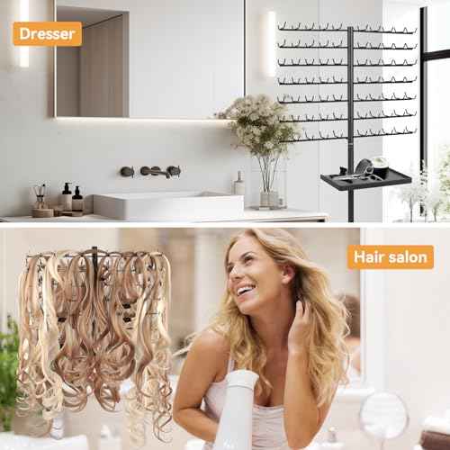 BRIAN & DANY 140-Peg Braiding Hair Rack Standing, Height Adjustable Hair Extension Holder with Salon Tray, Hair Separator Stand for Hairstylist Braiders, Black