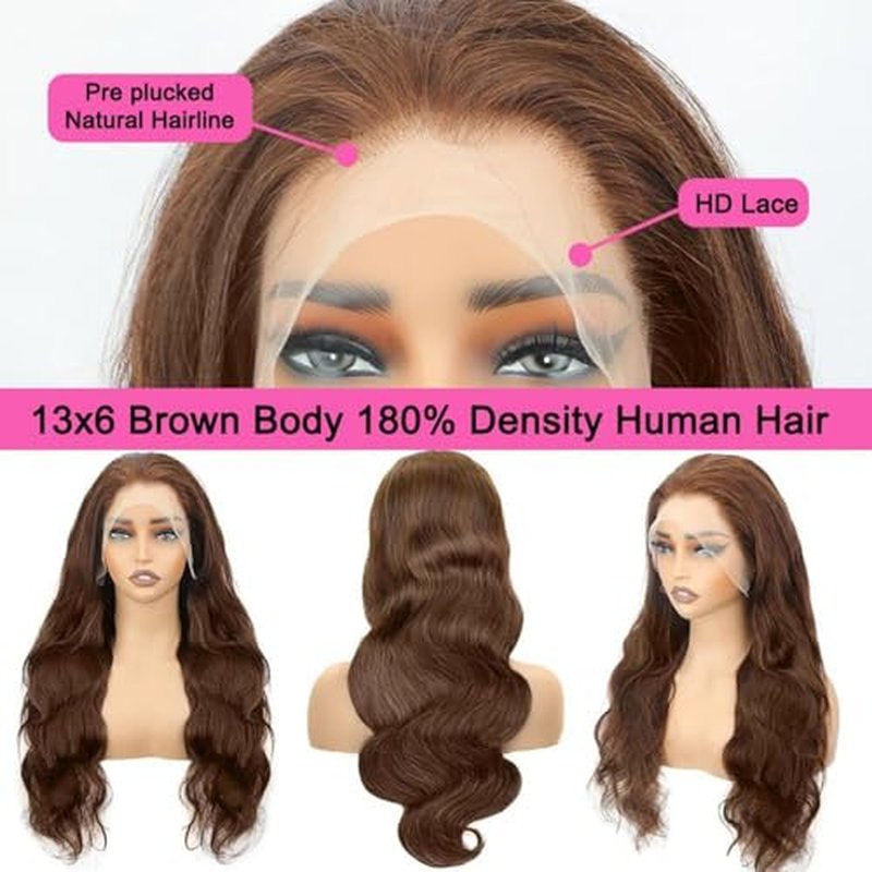 Body Wave Lace Front Wig 24 inch Brazilian Hair 13x6 Chocolate Brown Body Wave Wigs 100% Unprocessed Human Hair Body Wave Human Hair Wig with Baby Hair for Women