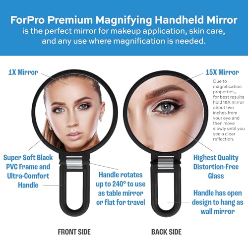 ForPro Professional Collection Premium Magnifying Handheld Mirror, 1X/15X Magnification Hand Mirror, Folding Adjustable Handle, for Makeup, Travel, Black