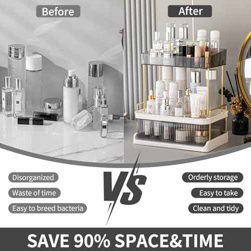 YCIA & DONE Bathroom Counter Organizer, Multi Makeup, Skincare, Perfume, Cosmetic, Vanity Countertop Organizer - Large Capacity, 2 Tier with Drawer - Easy to Install, Clean, Smoky Gray