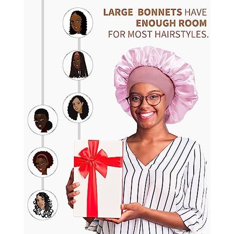 Satin Bonnet for Women Silk Bonnets for Sleeping Curly Hair Bonnet with Elastic Tie Band Reversible Double Layer Sleep Cap Hair Wrap (Bean Paste + Pink)