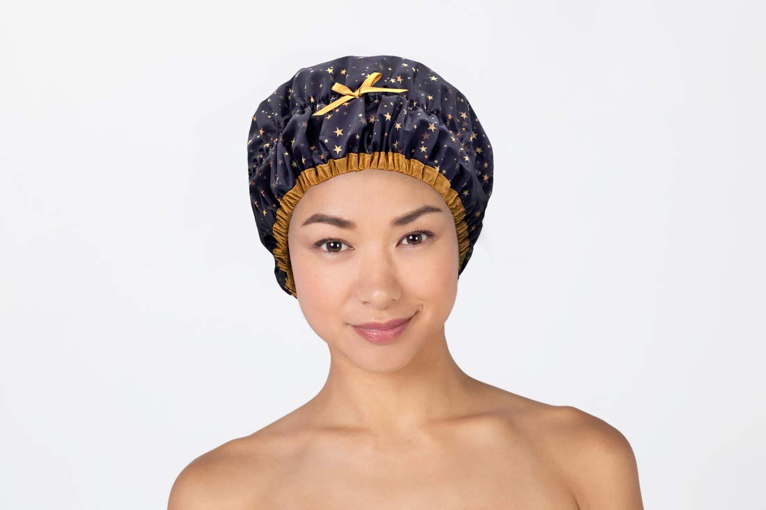 Reusable Shower Cap & Bath Cap & Lined, Oversized Waterproof Shower Caps Large Designed for all Hair Lengths with PEVA Lining & Elastic Band Stretch Hem Hair Hat - Fashionista Deco Dots