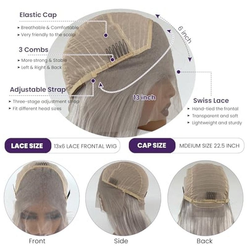 Grey Lace Front Wigs Human Hair, Glueless Grey Wigs Human Hair Pre Plucked HD 13x6 Lace Front Grey Wig for Black Women 180% Density 22 Inch Colored Silver Gray Straight Human Hair Lace Fronal Wig