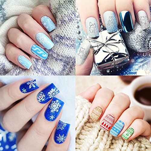 Whaline 6 Pieces Winter Nail Art Stamping Plates Kit Snowman Snowflake Pine Tree Sweater Image Stamp Templates Hello Winter Nail Art Plates for Winter Xmas DIY Print Manicure Salon Design Gift