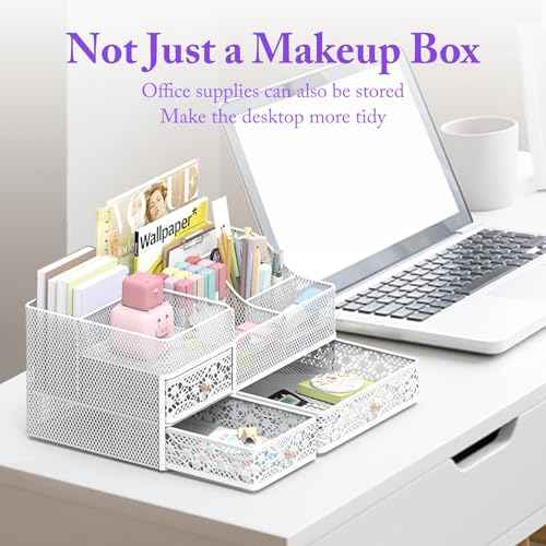 Lamesa Makeup Organizer for Vanity, Metal Makeup Organizers and Storage, Large Capacity Vanity Organizers for Cosmetics, Skincare, Desk Organizers with Drawers for Dresser Countertop(Large White)