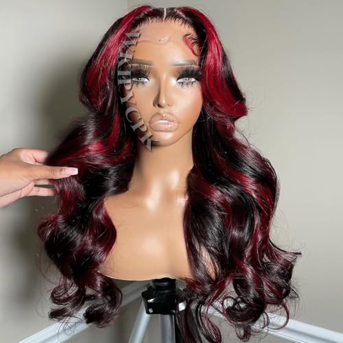 Red Highlight Lace Front Synthetic Wig Black Hair with Red Skunk Stripe 13x4 HD Lace Front Wigs Pre Plucked Heat Resistant 24 Inch Long Body Wave Wig for Fashion Women