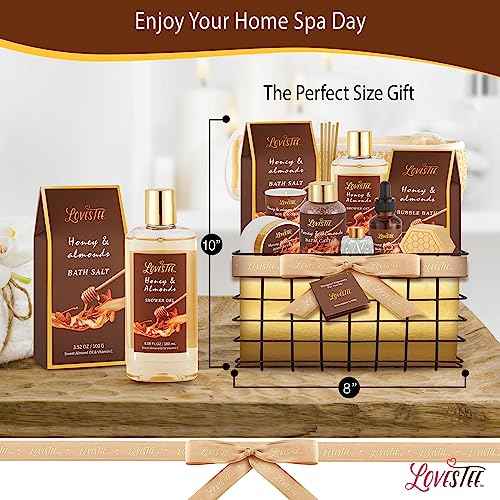 Mother's Day Spa Gift Baskets For Women, Honey Almond Body Set, Birthday Gift - Shower Gel, Bubble Bath, Body Butter, Bath Salt, Oil, Candle, Caviar, Soap, Home Diffuser, Scrubber