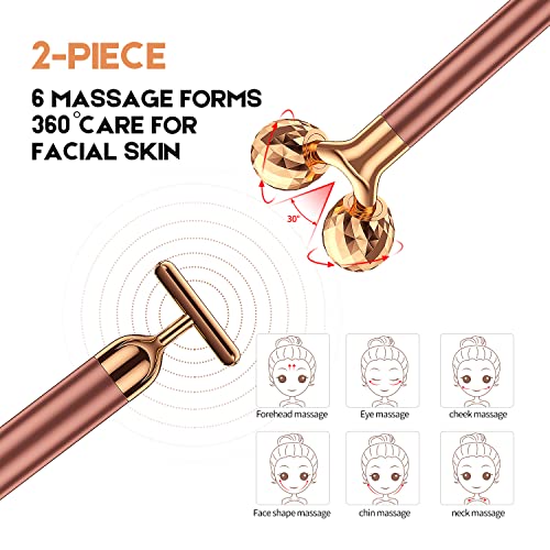 2-IN-1 Beauty Bar 24k Golden Pulse Facial Face Massager, Electric 3D Roller and T Shape Arm Eye Nose Head Massager Facial Roller Massager Kit Skin Care Tools