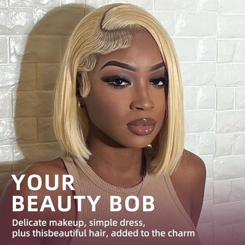 Blonde Bob Wig Human Hair 13X4 613 Bob Wig Transparent HD Lace Front Wig Human Hair Middle Part Straight Bob Wig Pre Plucked 210% Density with Baby Hair£¨12inch£©