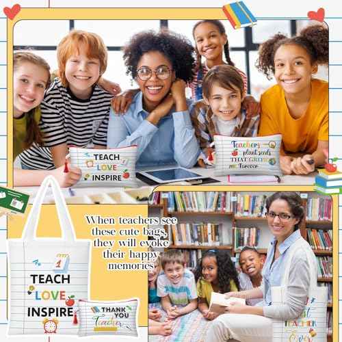 Paterr 12 Pcs Christmas Teacher Appreciation Gift for Women Christmas Gifts Ideas Basket Filler Canvas Teacher Tote Bag with Makeup Bag Notebook Style for Office School Classroom Supplies