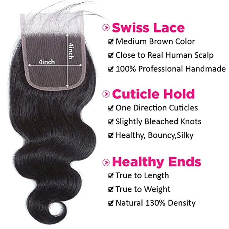 Body Wave Bundles with Closure for Black Women 100% Unprocessed Brazilian Body Wave Human Hair 3 Bundles with 4X4 Lace Closure Free Part Natural Color