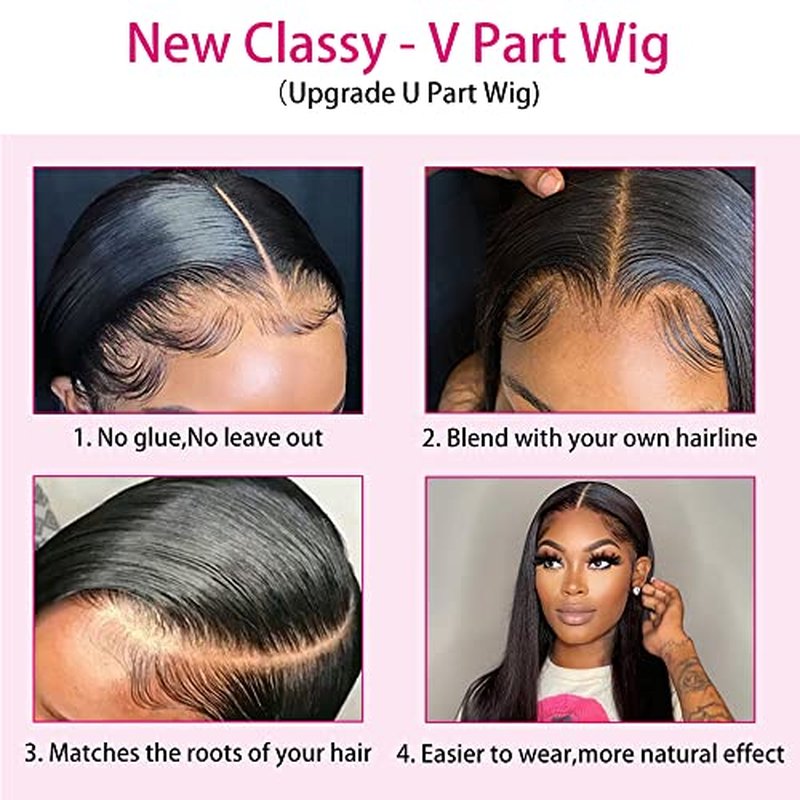 CHEETAHBEAUTY V Part Wigs Human Hair 20 Inch No Leave Out Lace Front Wigs Upgrade U Part Wigs Brazilian Virgin Straight Human Hair Wigs for Women 180% Density Natural Color