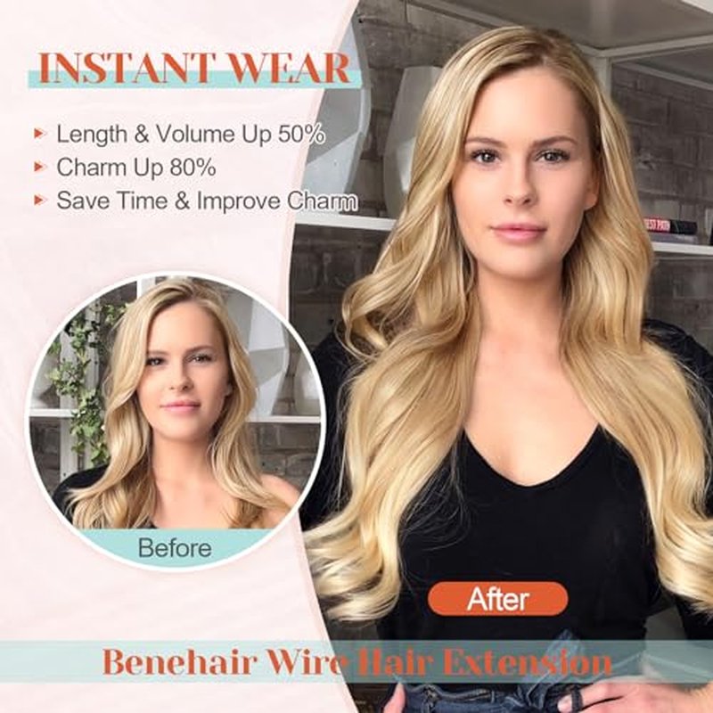 Benehair Halo Hair Extensions Real Human Hair 18 Inch Halo Extensions for Women 100% Human Hair Invisible Wire Hair Extensions Golden Brown Hightlights Bleach Blonde #12P613