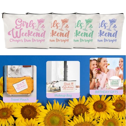 Girls Weekend Trip 2025 Makeup Bag - 4 Pcs Cosmetic Toiletry Zipper Pouch Weekender Bags for Women - Summer Gift Favors for Friendship Bachelorette Party Birthday