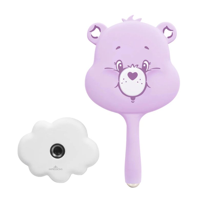 Impressions Vanity Care Bears Share Bear LED Handheld Makeup Mirror for Desk, Lighted Travel Makeup Mirror with Detachable Standing Base, Ultra Bright Adjustable Lighting and Figural Shaped (Purple)