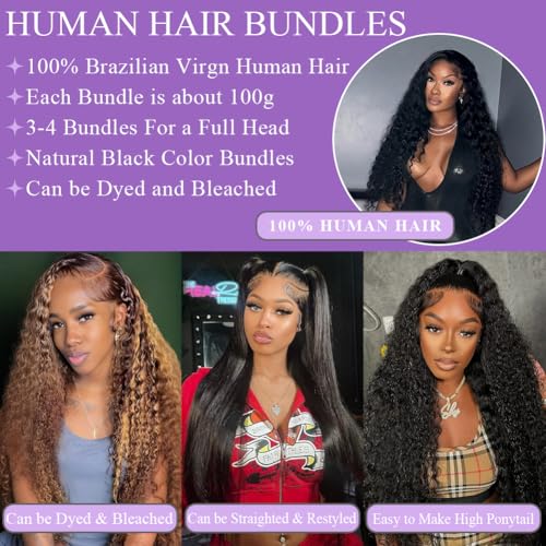 Deep Wave Bundles Human Hair 26" 12A Brazilian Virgin Human Hair Single Bundle 100% Unprocessed Deep Wave Bundles Double Weft Deep Curly Weave for Black Women Natural Black Water Wave Bundle