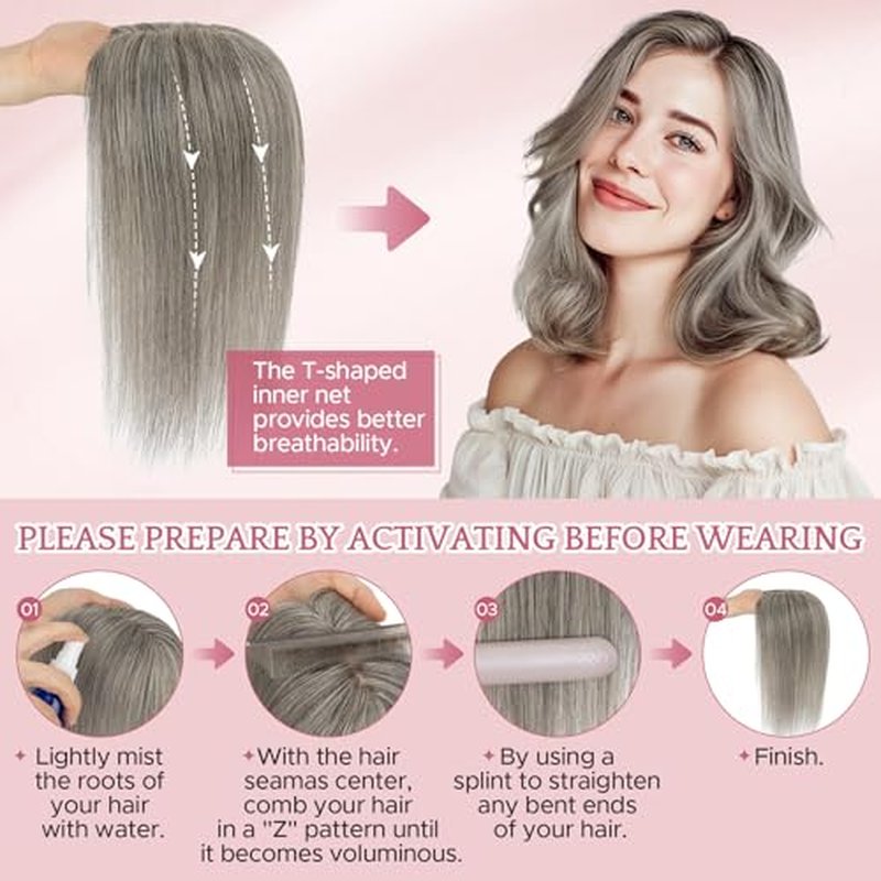 Hair Toppers for Women Real Human Hair with No Bangs 3.1¡¿3.9 Inch Silk Base Clip-In Topper Natural Looking Hairpieces for Women£¨12 Inch,Light Grey£©