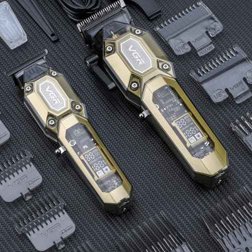 VGR Professional Hair Clippers for Men, Cordless Barber Clippers and Trimmers Set, Mens Hair Cutting Kit with 10 Guide Combs, USB Rechargeable Haircut Machine for Family, LED Display, Black