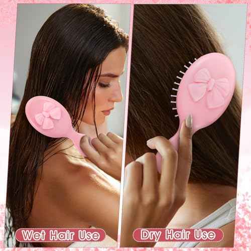 Meanplan 6 Pcs Mini Hair Brush Bulk with Bow Travel Detangling Brush Pink Coquette Small Hairbrush for Dry and Wet Hair Women Gift for Christmas Stocking Stuffers Party Favors(Pink)