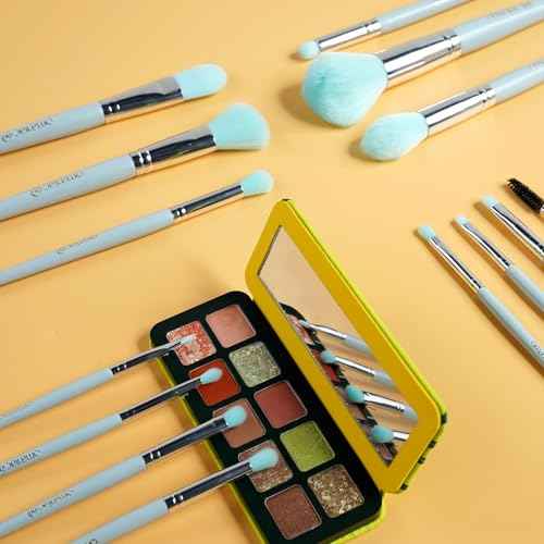 OMANIAC Makeup Brush Set Professional, 20Pcs Pearlescent Wood Handle Makeup Brushes, Premium Cruelty-Free Synthetic Fiber Hair, Travel Make up Brushes Set with Case (Ocean Blue)