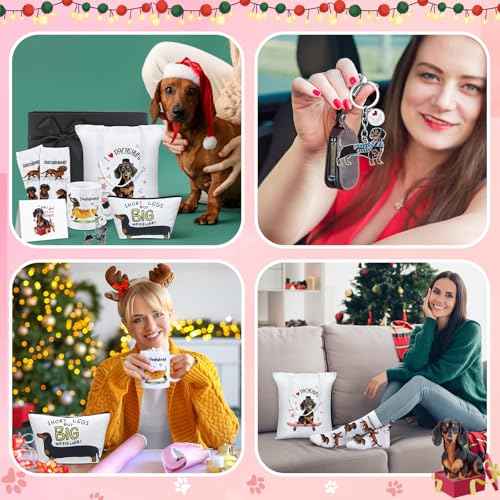 7 Pcs Dachshund Gift Sets for Women Include Weiner Dog Keychain Cosmetic Bag Socks Mug Tote Bag Cards with Gift Box for Christmas Dachshund Lovers Gifts