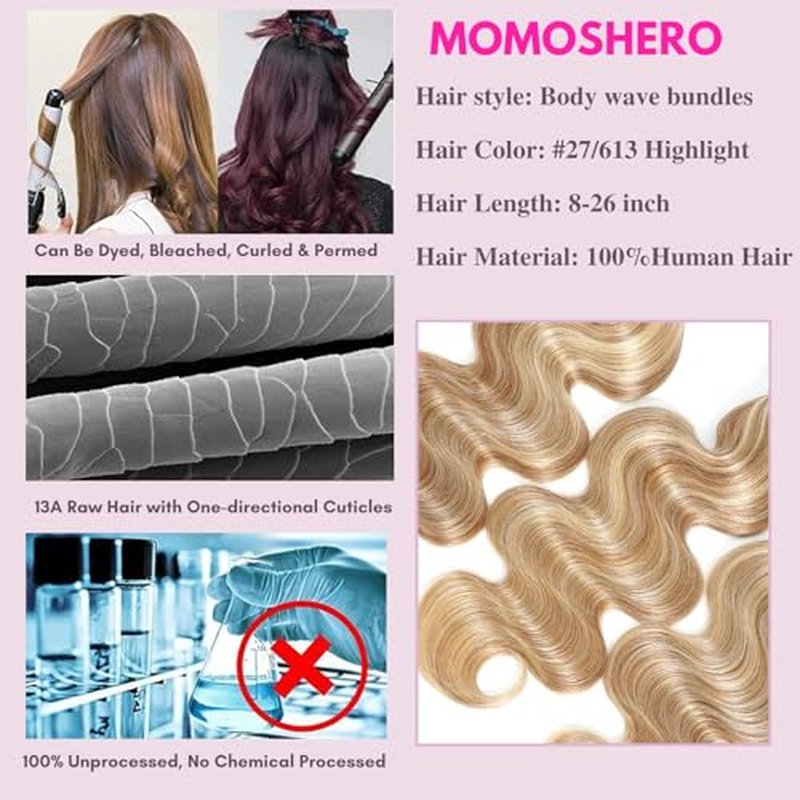 F27/613 Blonde Highlight Human Hair Bundles Body Wave, 13A Soft Honey Blonde Body Wave 3 Bundle Healthy 100% Virgin Hair #27/613 Highlight Mix Colored Wavy Weave for Women 3pcs 10 12 14 Inch