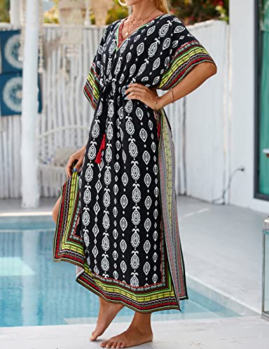 Bsubseach Kaftan Dresses for Women Plus Size Swimsuit Cover Up Long Caftan Dress with Waist Drawstring Black Green